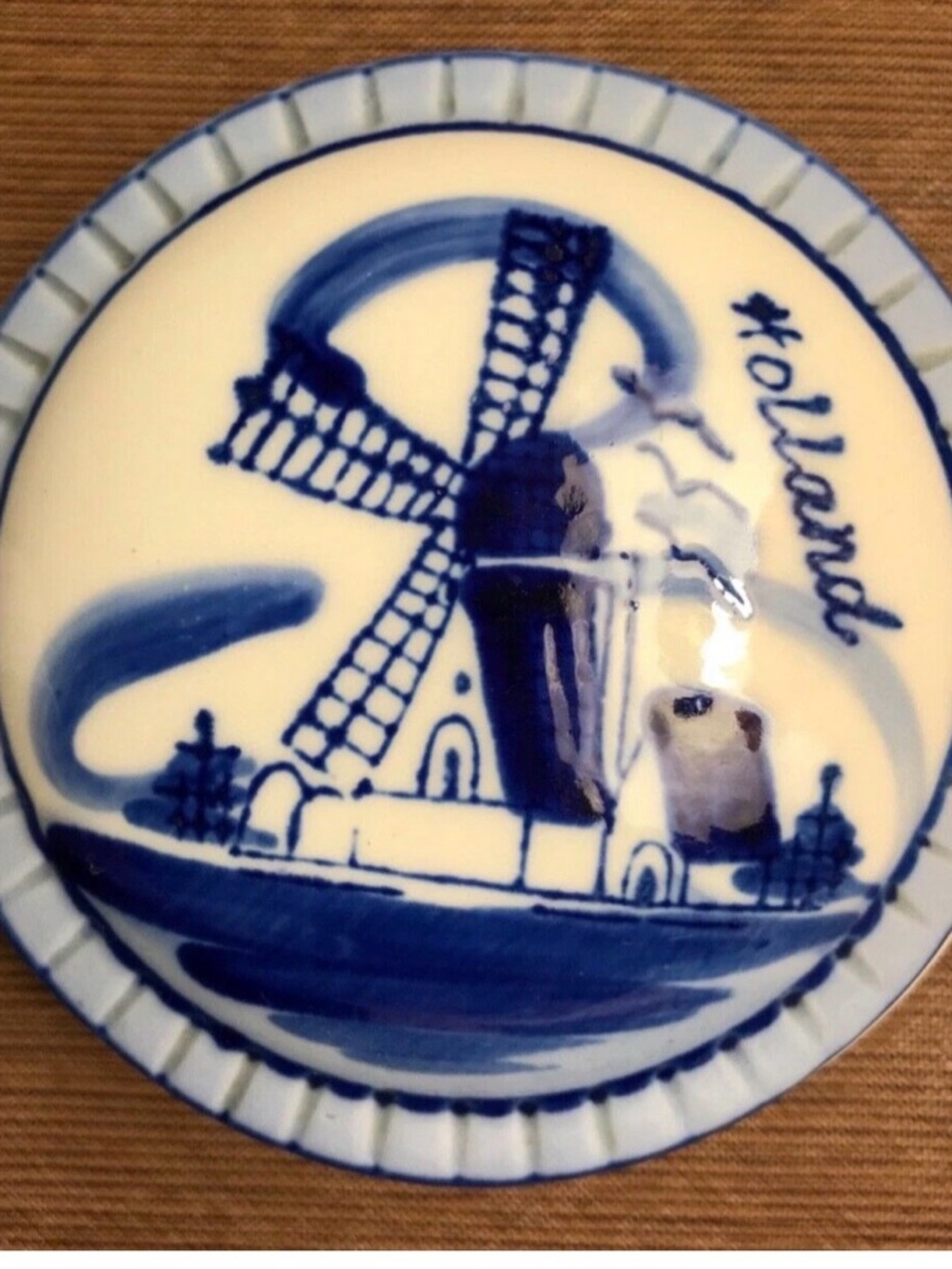 Blue/White Windmill Vtg  Authentic Hand painted bowl with lid, made in Holland